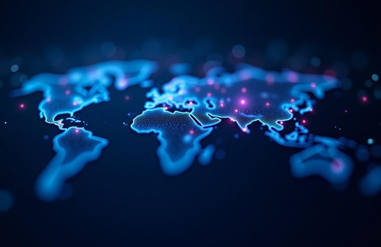 Visualización abstracta de una red de datos sobre un mapa oscuro